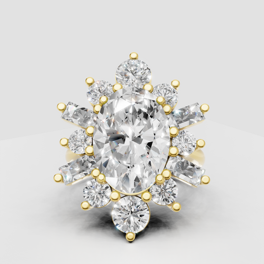 Oval cut diamond flower cluster engagement ring with baguette and round stones