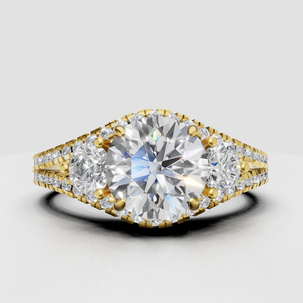 Round cut diamond three stone engagement ring with double halo