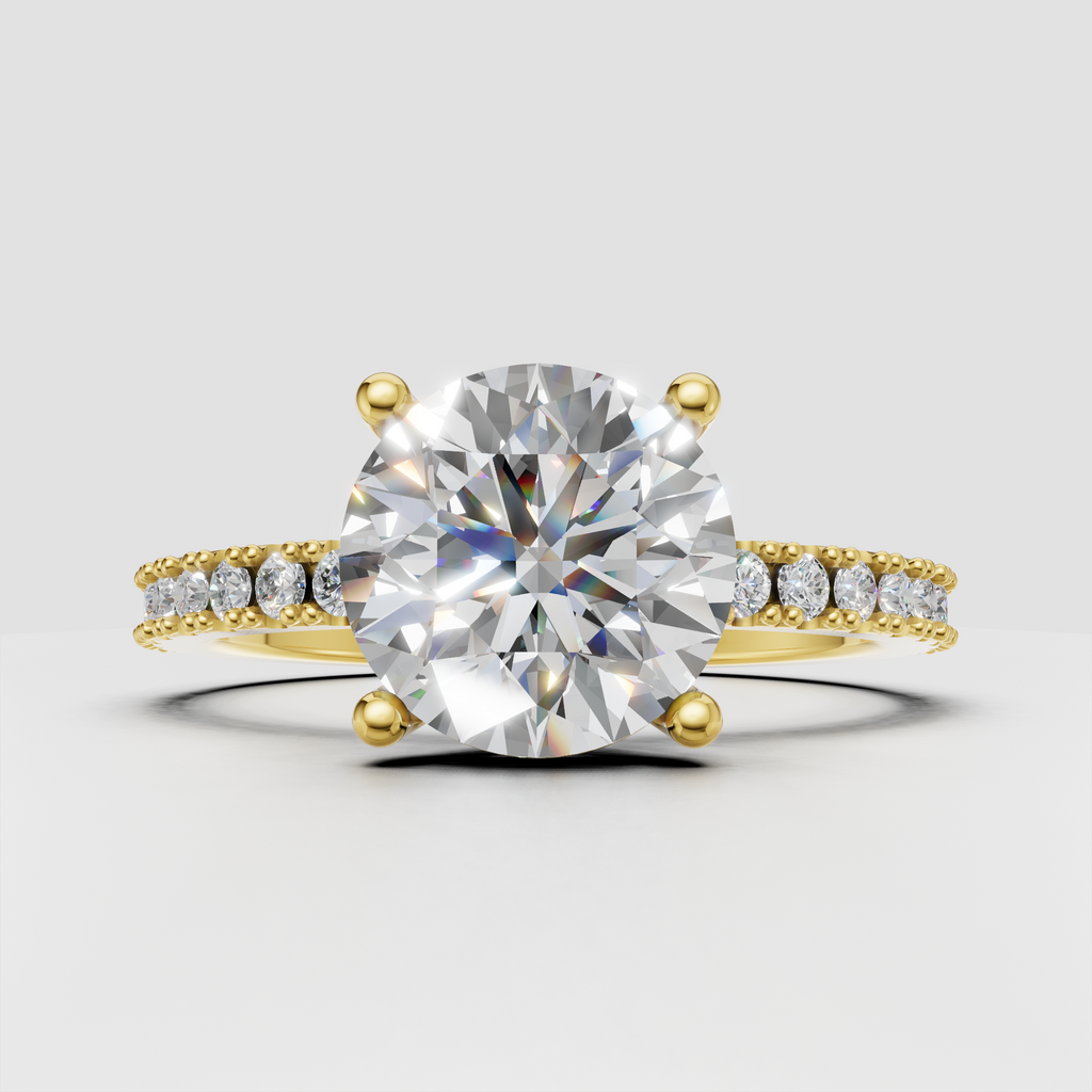 Oval diamond engagement ring with pave round side stones and milgrain detailing