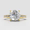 Oval diamond engagement ring with pave round side stones and milgrain detailing