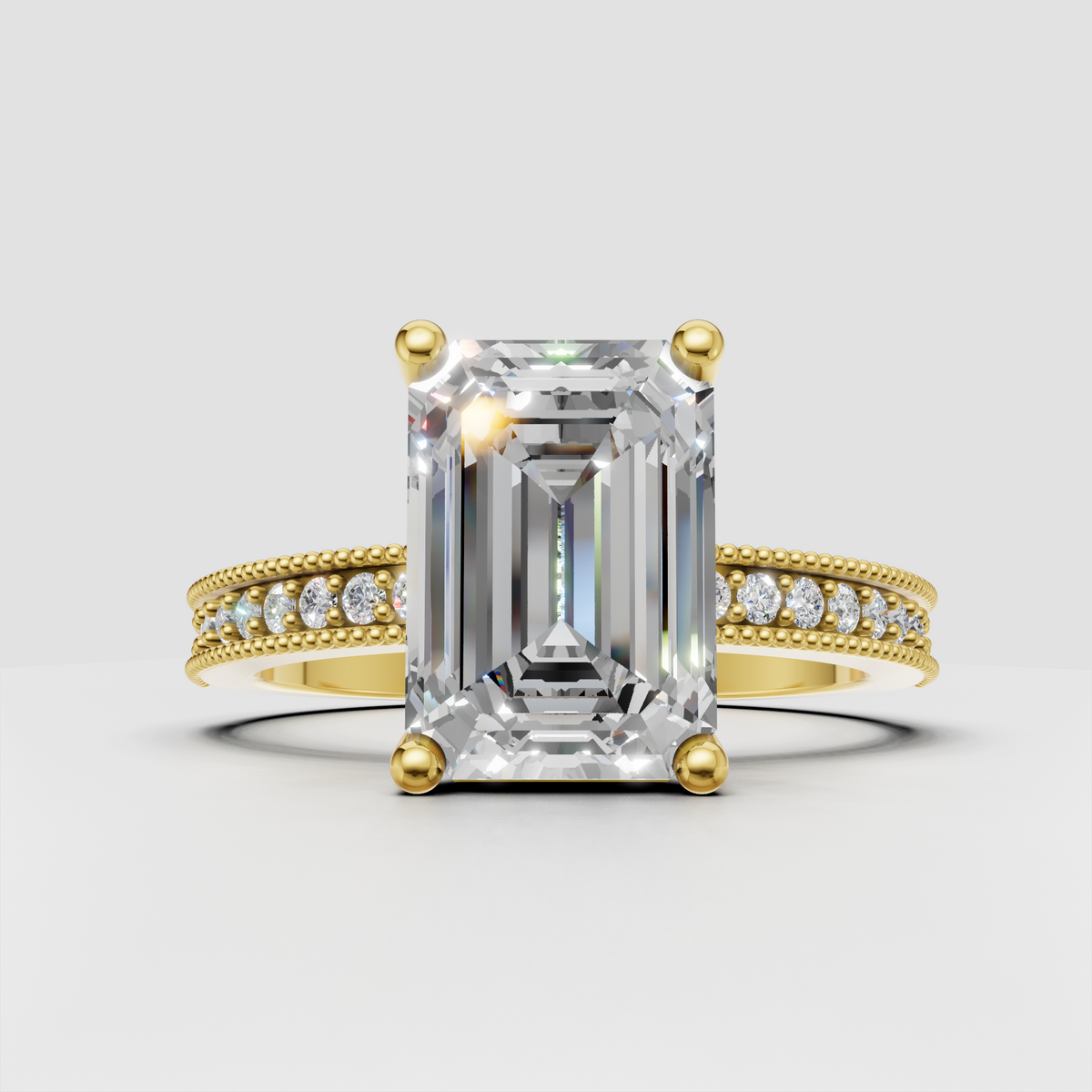 Emerald cut Diamond cathedral engagement ring in polished yellow gold with milgrain band
