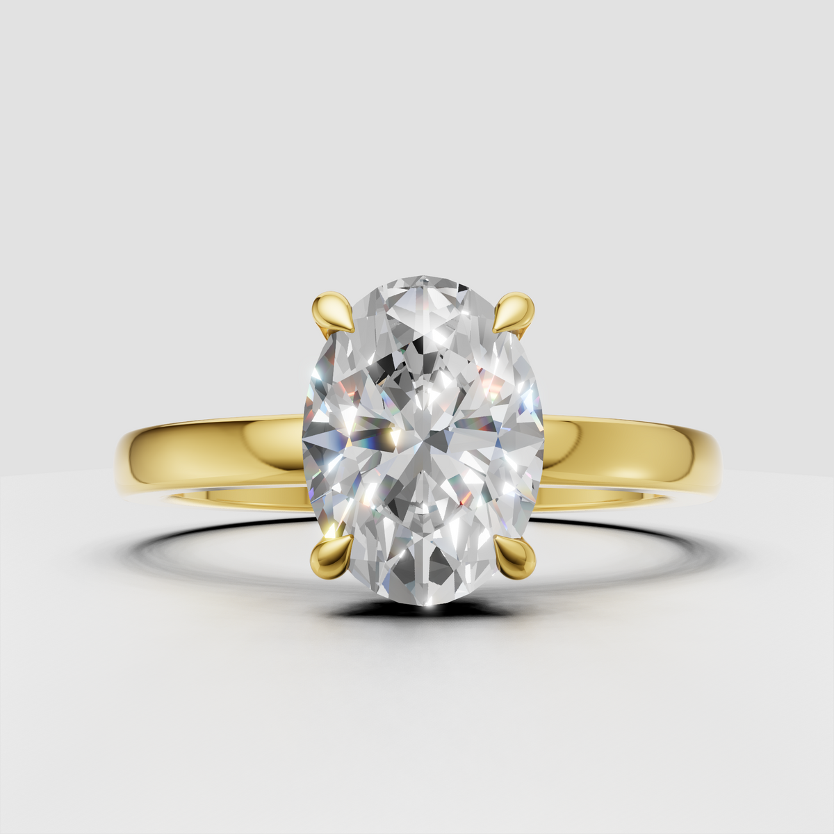 Oval diamond hidden halo engagement ring in polished yellow gold