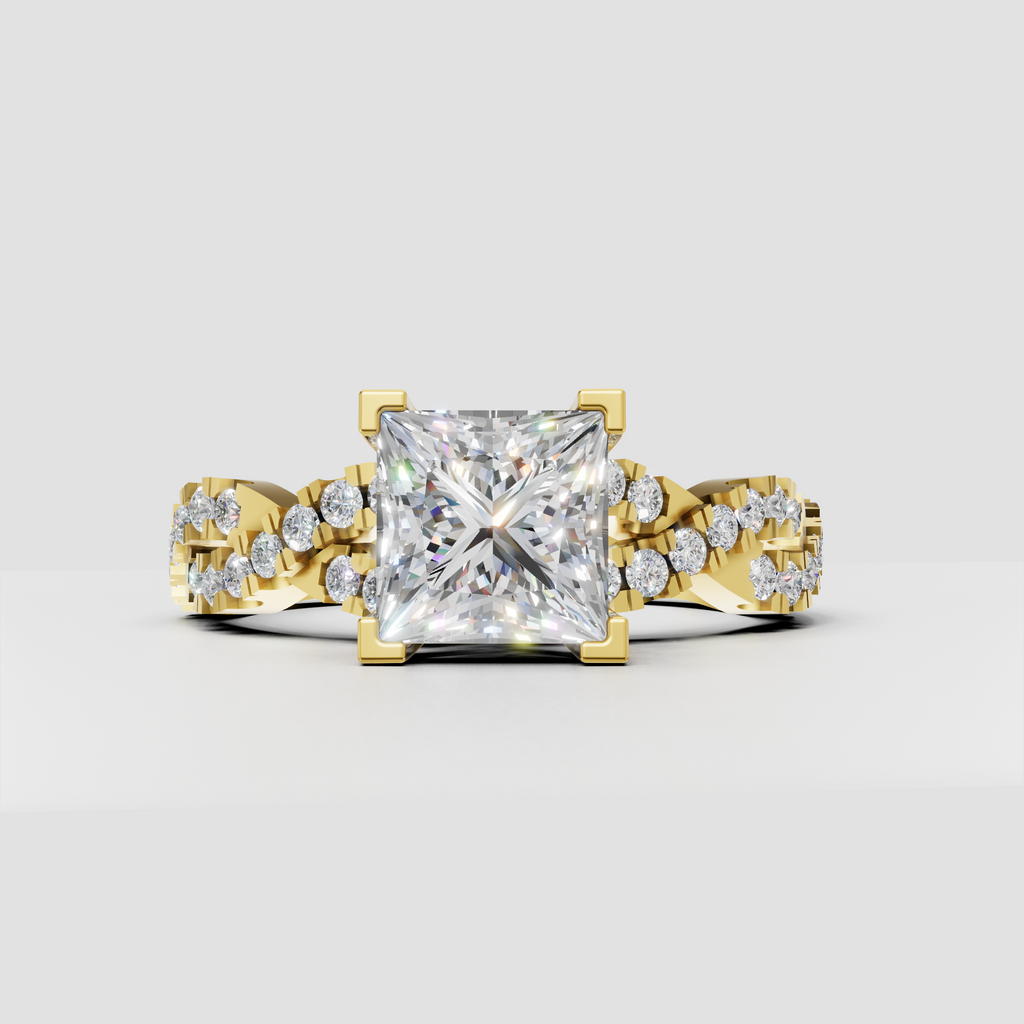 Princess cut diamond four-prong split shank engagement ring in yellow gold