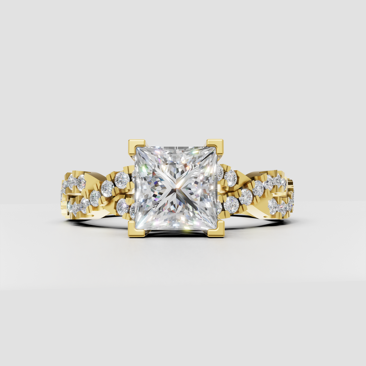 Princess cut diamond four-prong split shank engagement ring in yellow gold