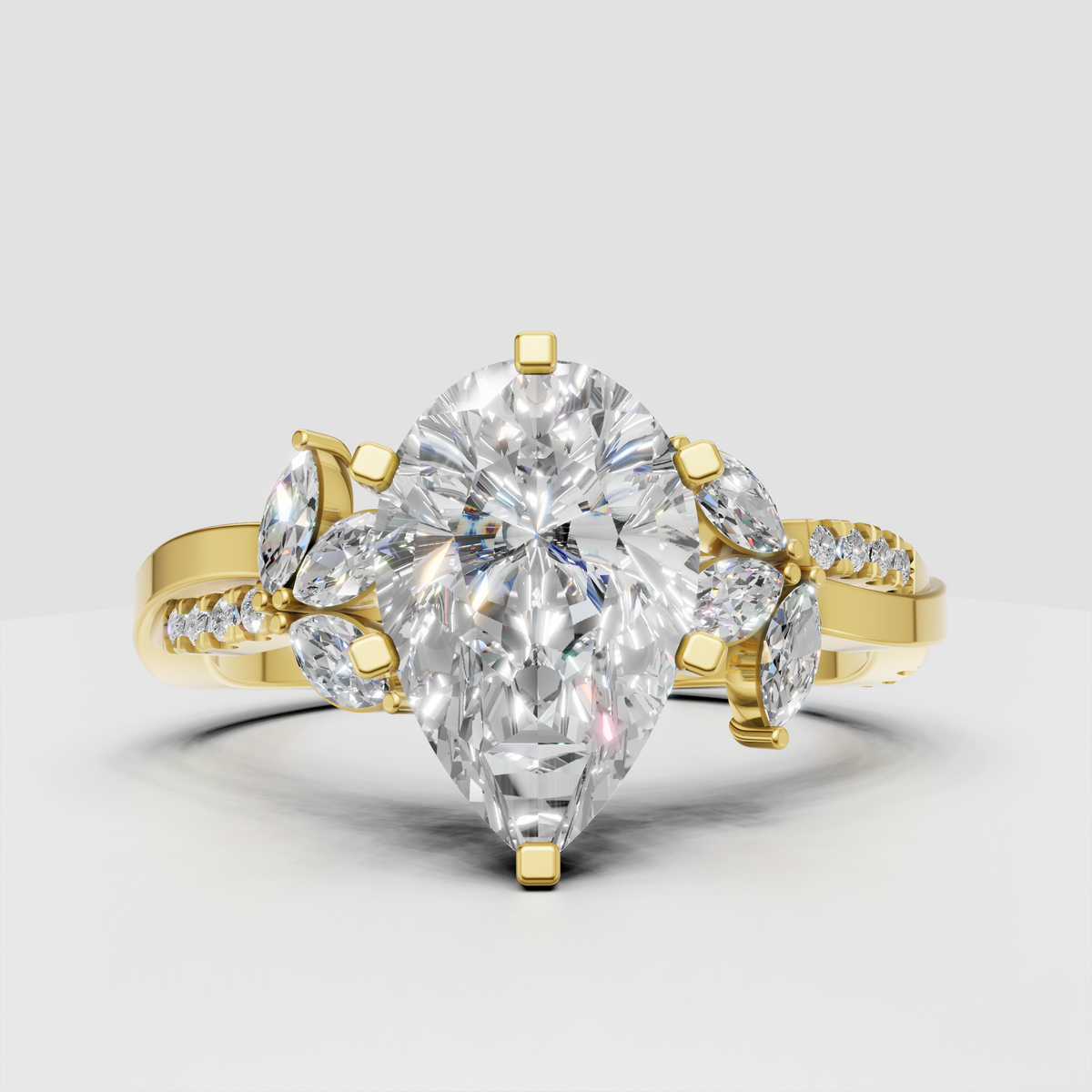 Pear cut diamond engagement ring with marquise halo and twisted split shank