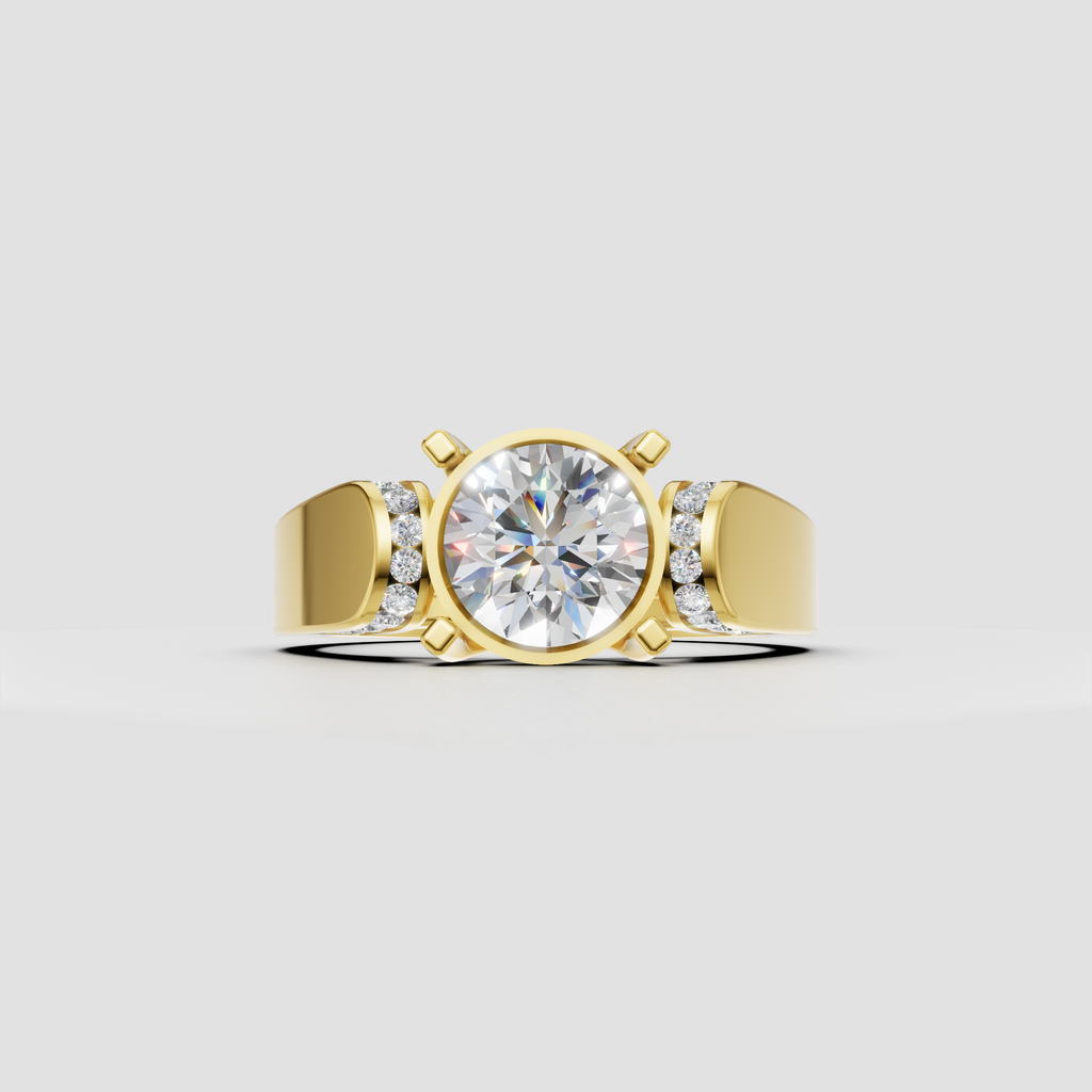 Round cut diamond engagement ring with bezel setting and four-prong accents