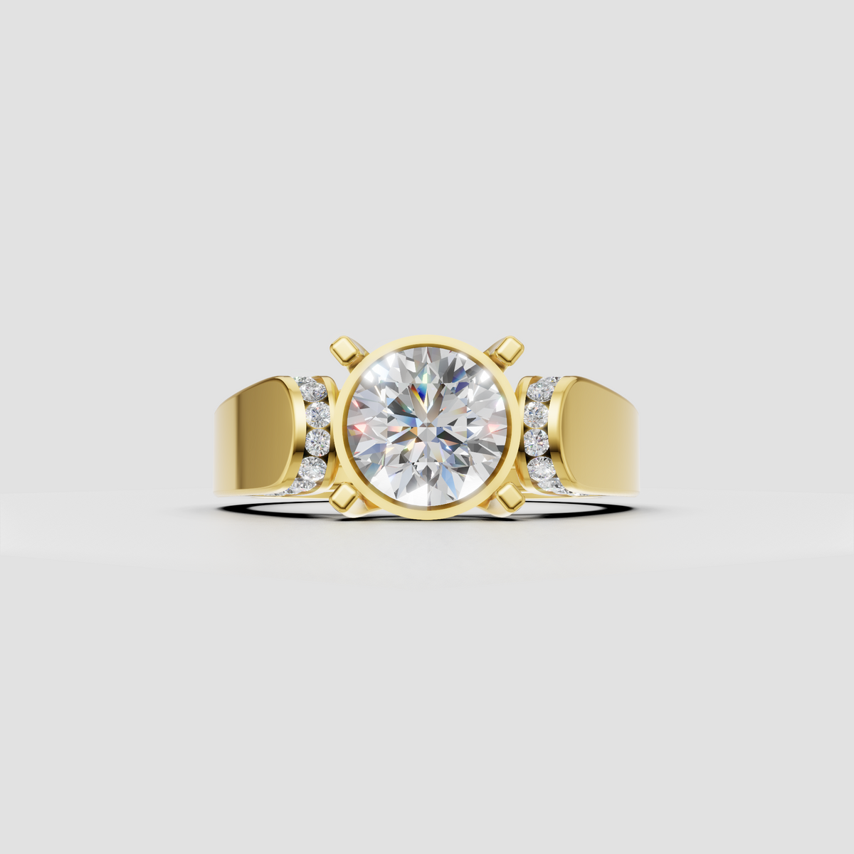 Round cut diamond engagement ring with bezel setting and four-prong accents