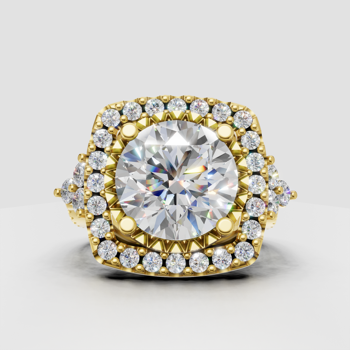 Round diamond halo engagement ring in polished yellow gold with split pavé shank
