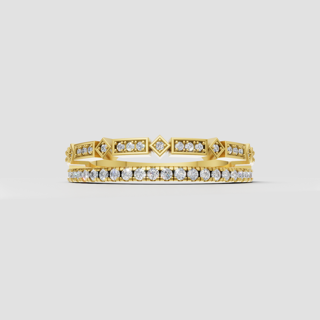 Round diamond geometric eternity band ring in polished yellow gold