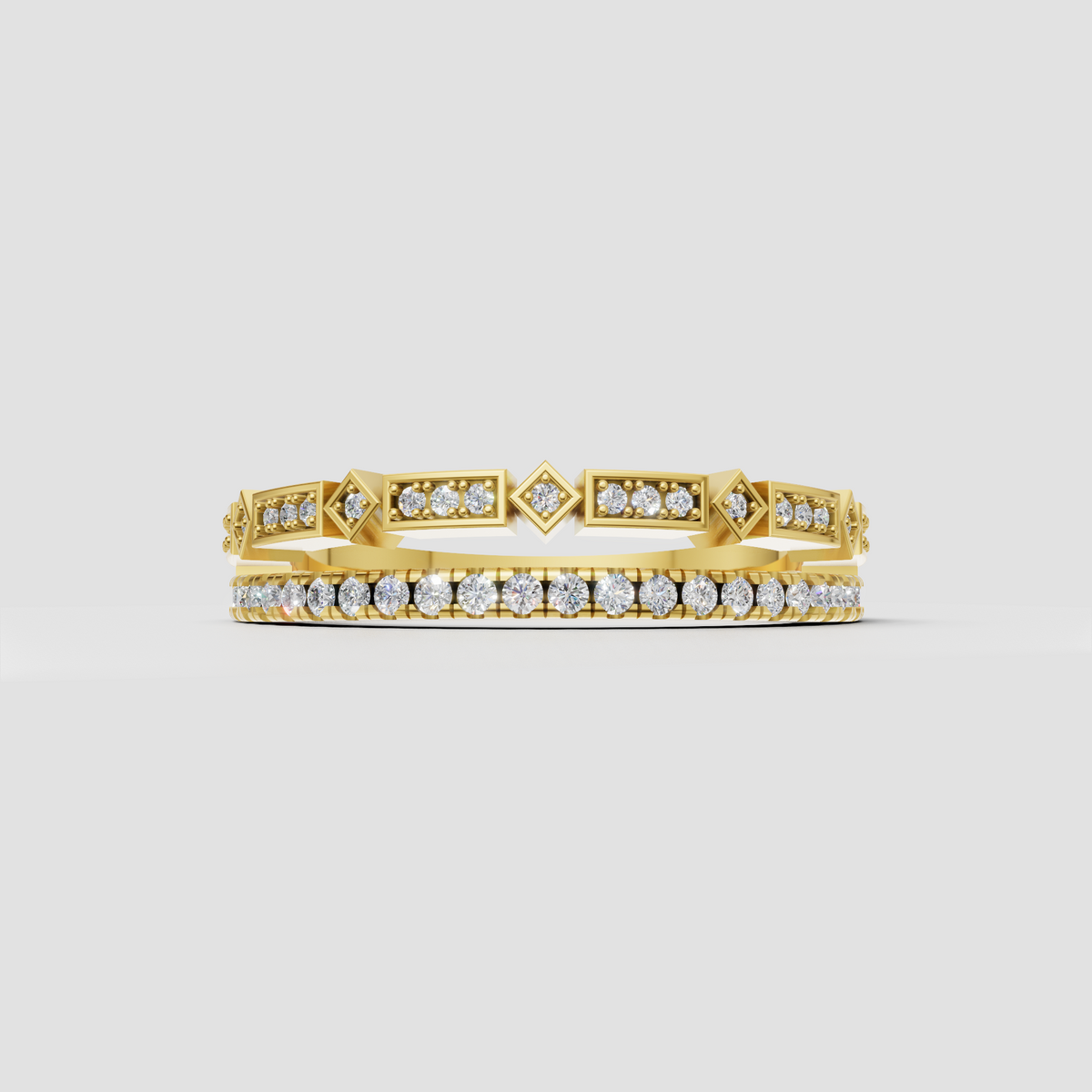 Round diamond geometric eternity band ring in polished yellow gold