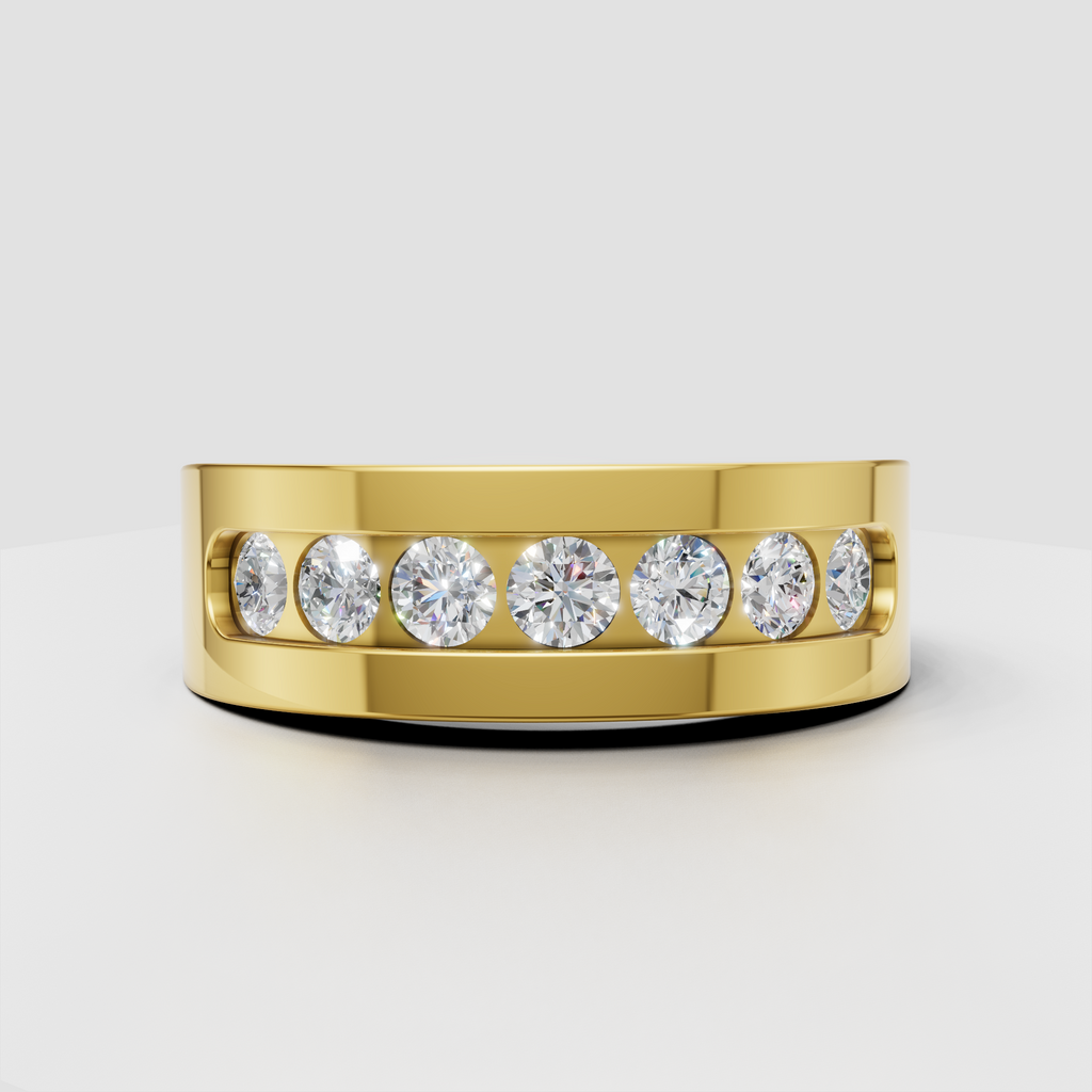 Round cut diamond channel set half eternity wedding band in polished gold
