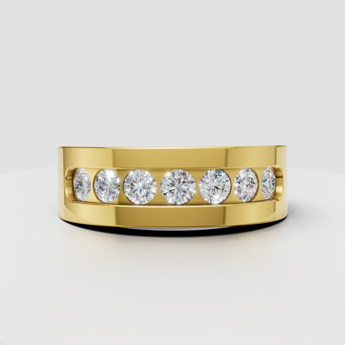 Round cut diamond channel set half eternity wedding band in polished gold
