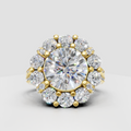 Round diamond floral halo engagement ring in polished yellow gold