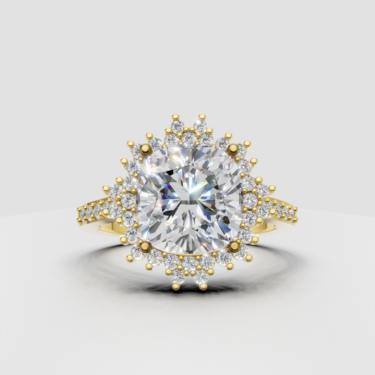 Cushion cut diamond cluster halo engagement ring in polished yellow gold