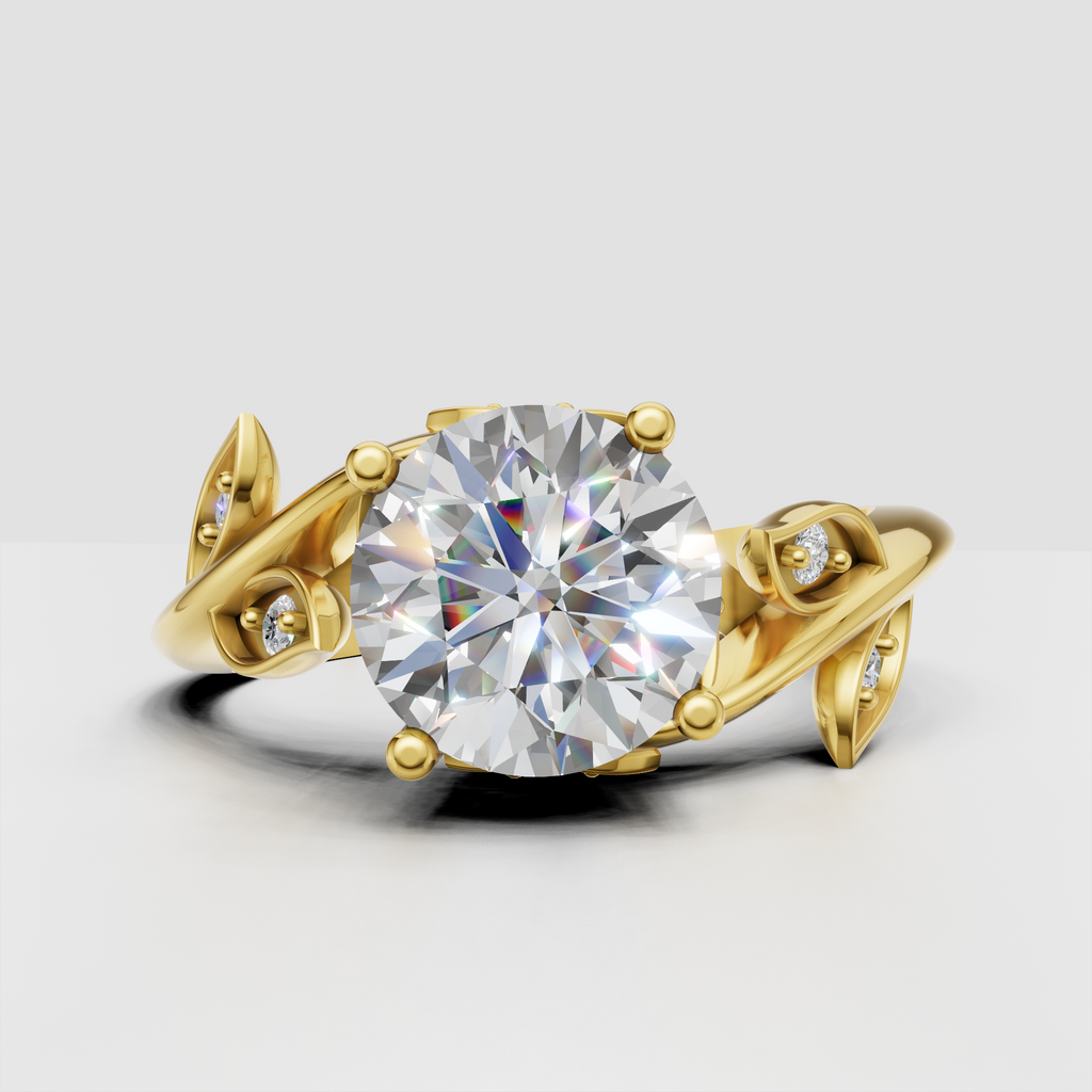 Nature inspired round diamond engagement ring in yellow gold