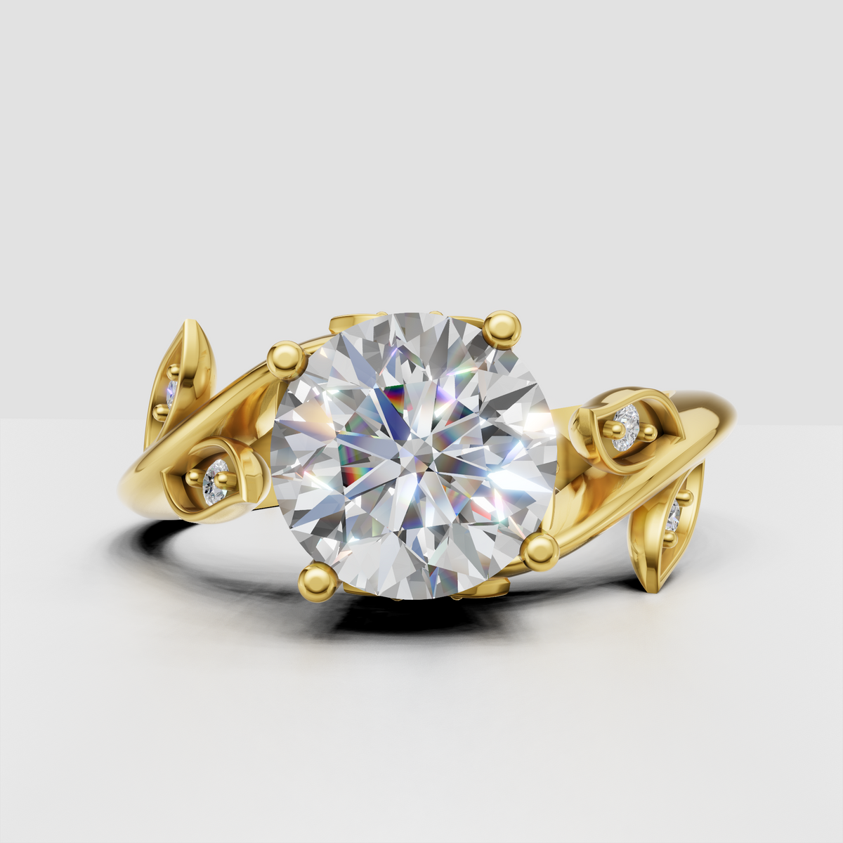 Nature inspired round diamond engagement ring in yellow gold