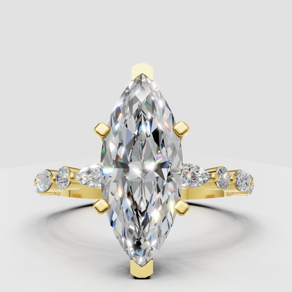 Marquise cut diamond solitaire engagement ring with four-prong setting and side stones.