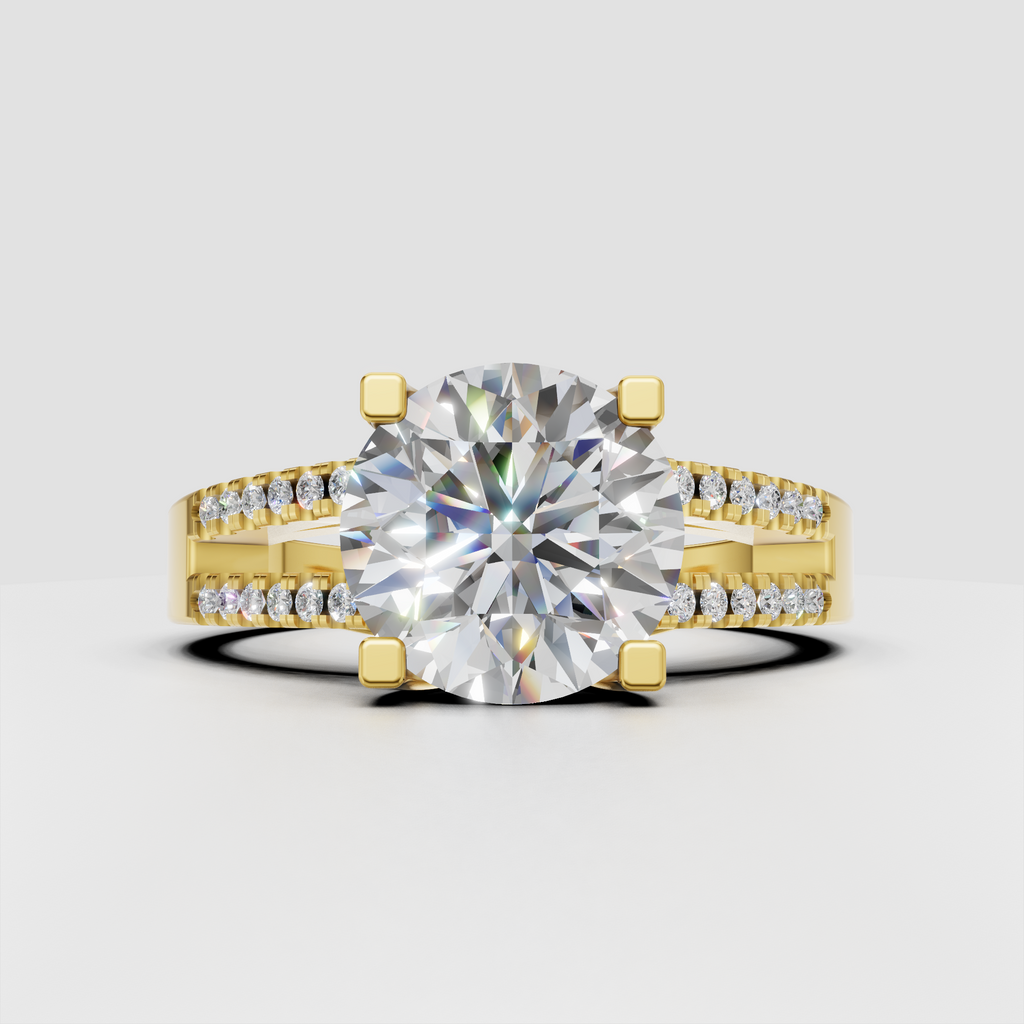 Round cut diamond ring with split shank pave band in yellow gold