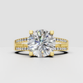 Round cut diamond ring with split shank pave band in yellow gold
