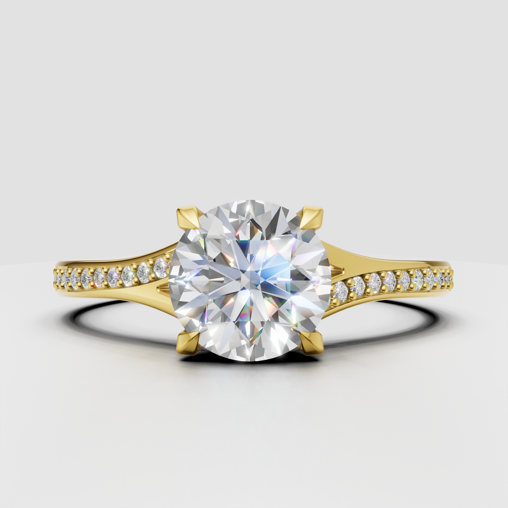 Round diamond solitaire engagement ring with pave band