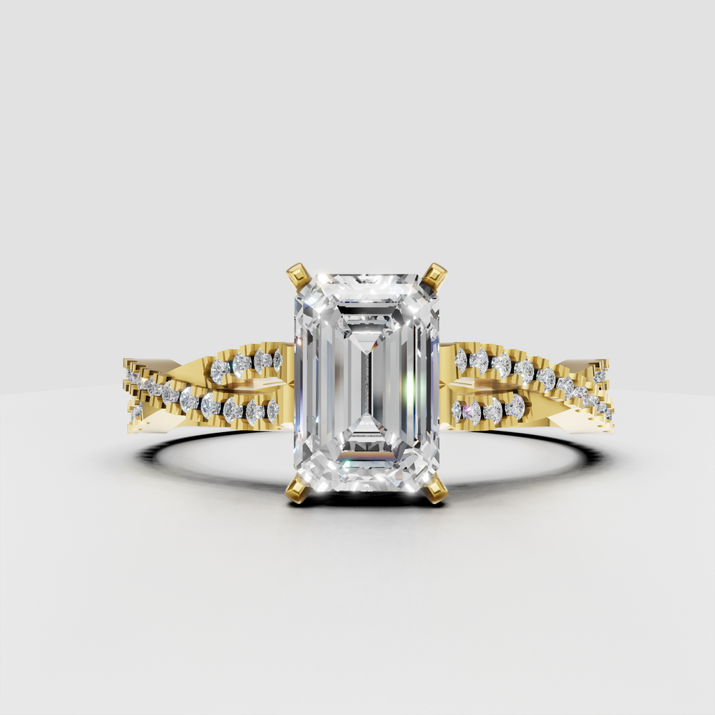 Emerald cut diamond pavé split shank engagement ring in yellow gold