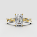 Emerald cut diamond pavé split shank engagement ring in yellow gold