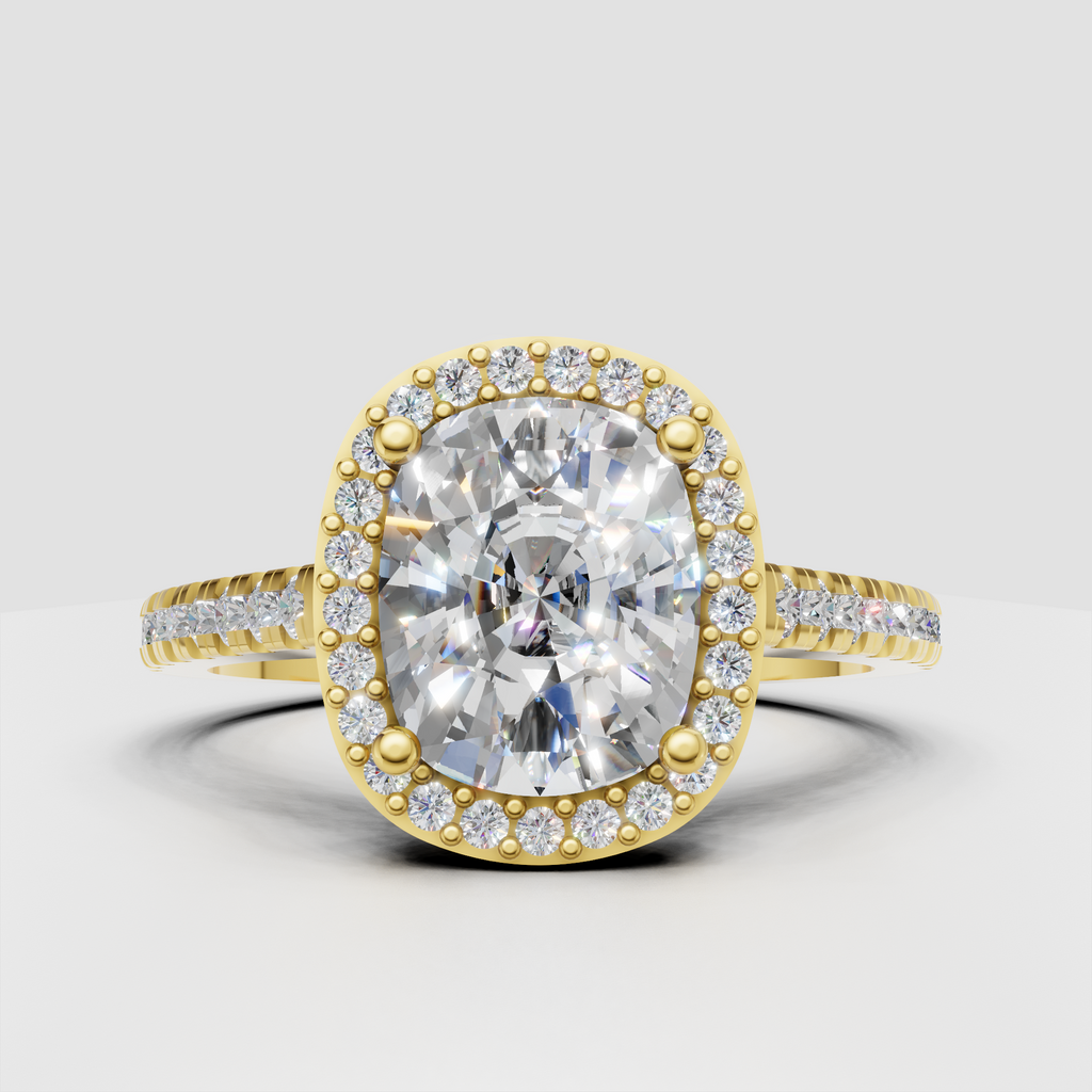 Oval diamond halo engagement ring with sparkling pave band