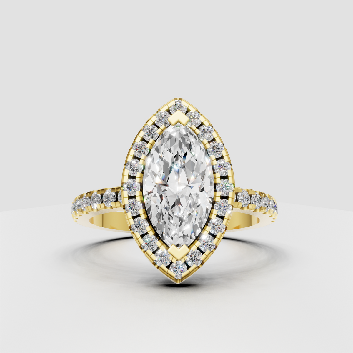 Marquise diamond halo engagement ring in polished yellow gold, front view.