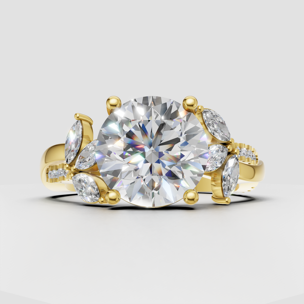 Round cut diamond engagement ring with four-prong floral-inspired setting