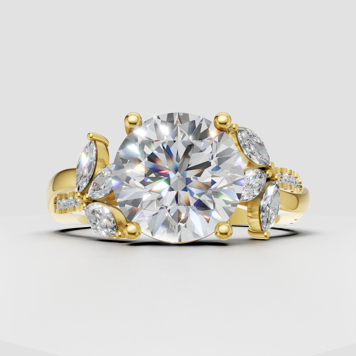 Round cut diamond engagement ring with four-prong floral-inspired setting