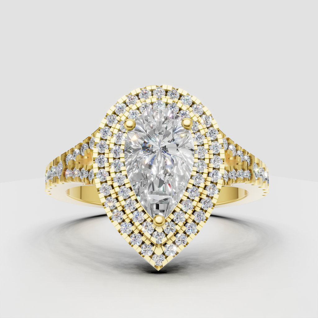 Pear diamond triple halo split-shank engagement ring
