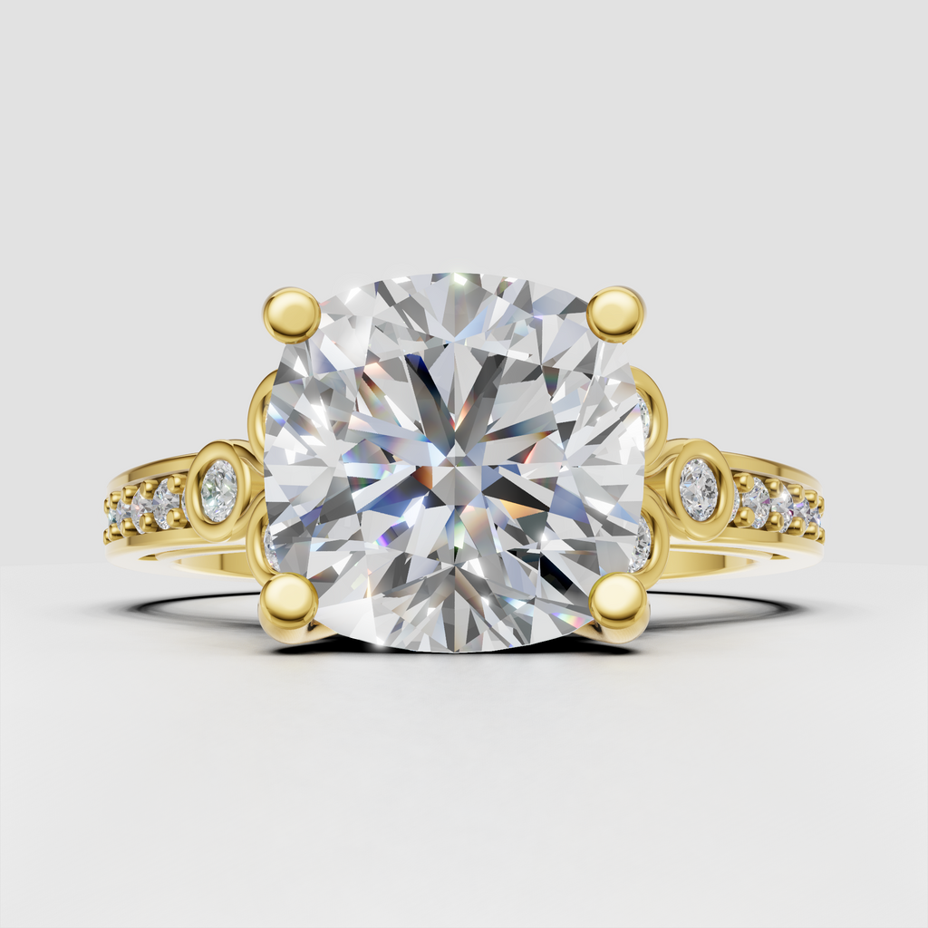 Cushion diamond prong vintage engagement ring in polished yellow gold