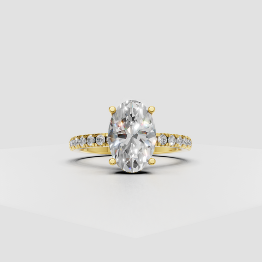 Oval diamond hidden halo engagement ring with four prong yellow gold setting