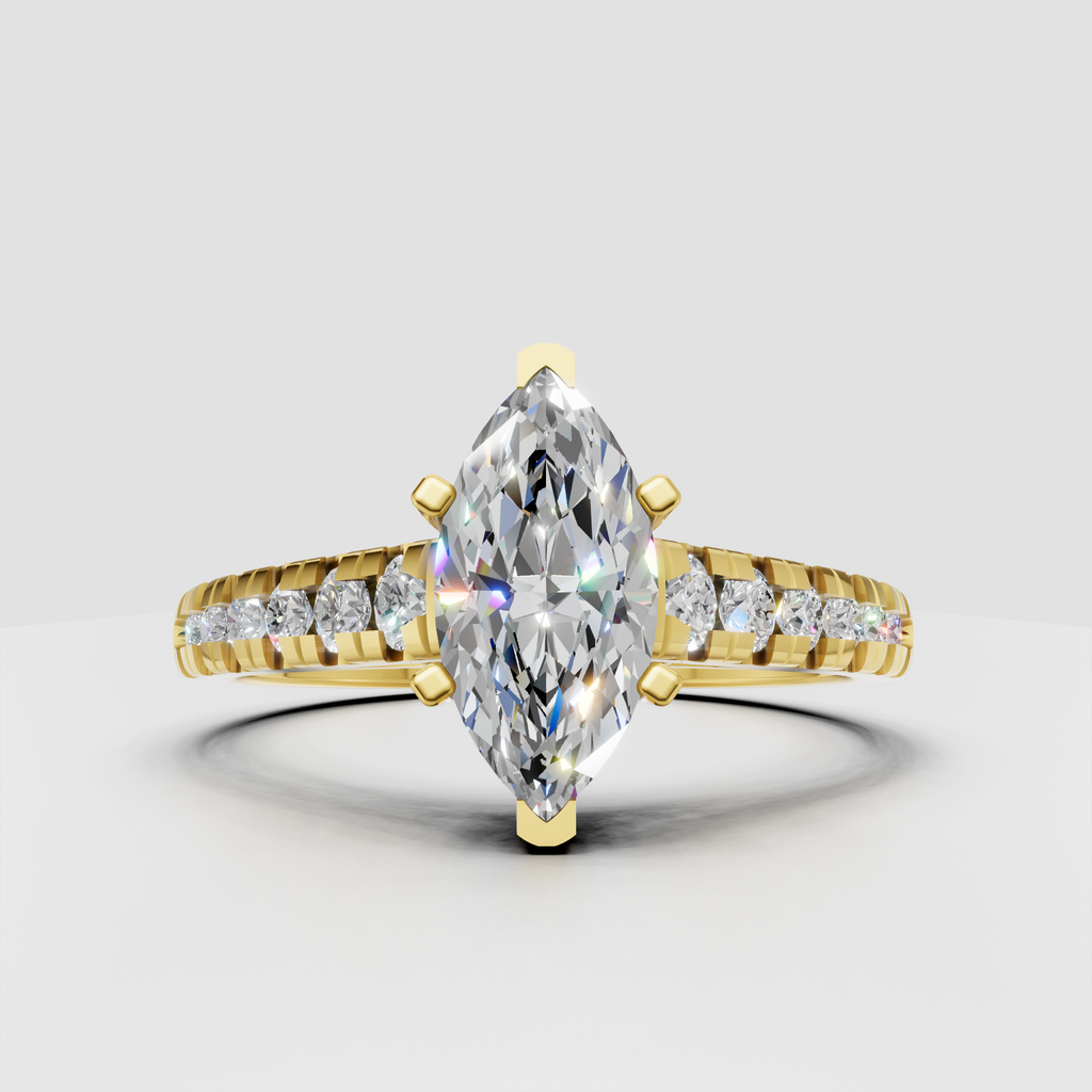 Marquise diamond pavé cathedral engagement ring in yellow gold