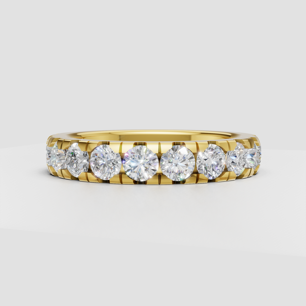 Round diamond full eternity band with shared prong setting in polished metal