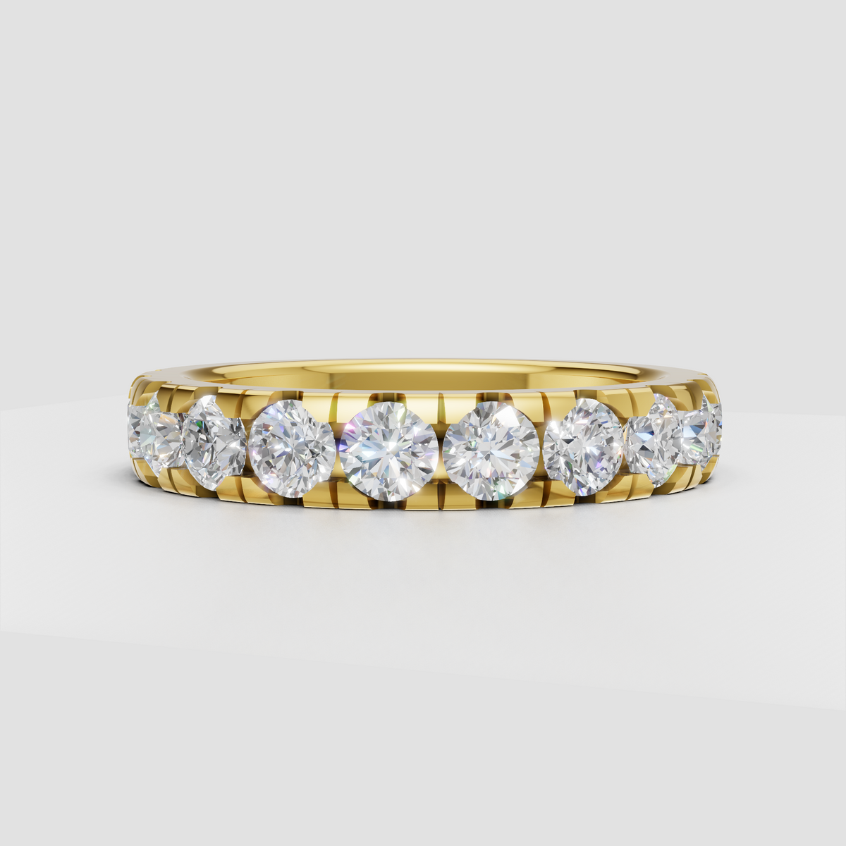 Round diamond full eternity band with shared prong setting in polished metal