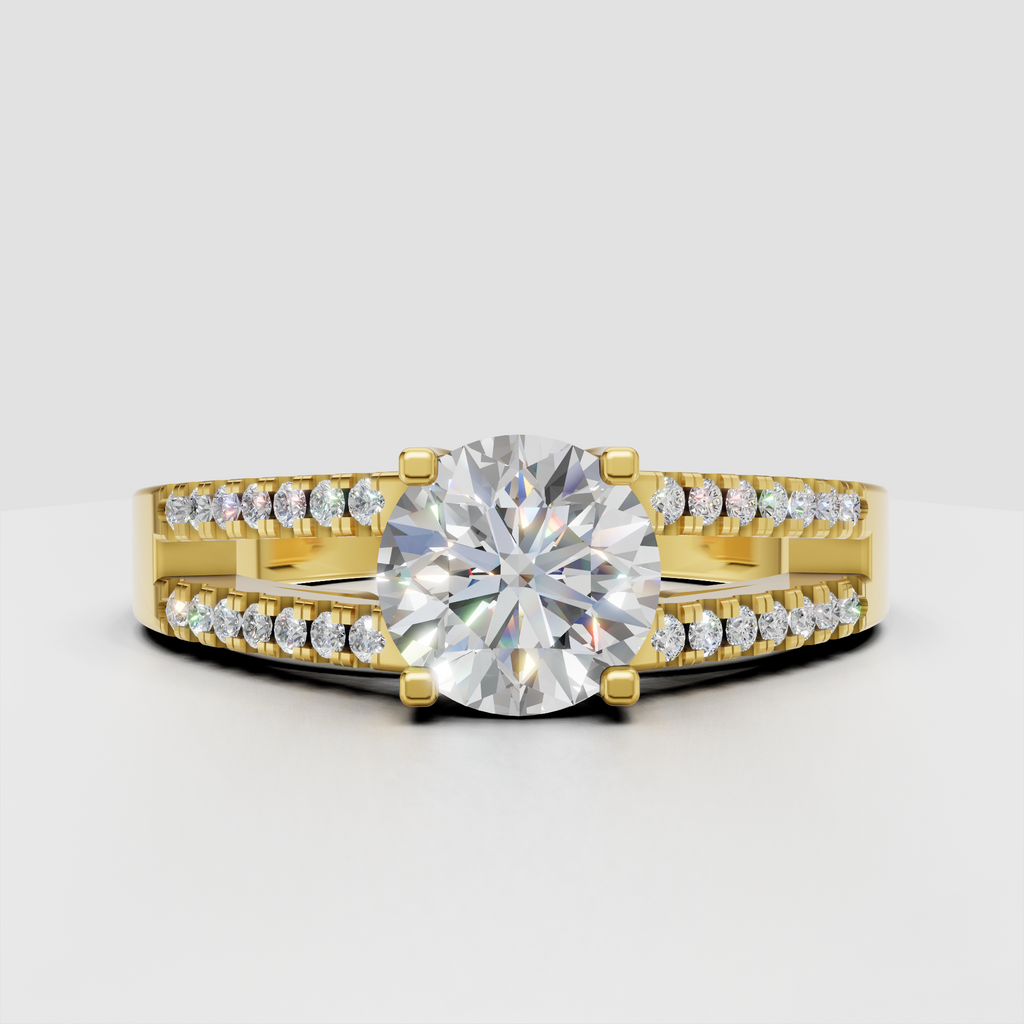 Round brilliant Diamond four-prong pavé split-shank engagement ring in yellow gold