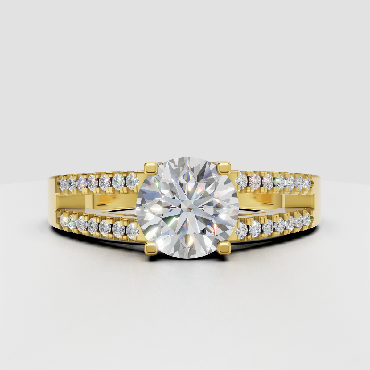 Round brilliant Diamond four-prong pavé split-shank engagement ring in yellow gold