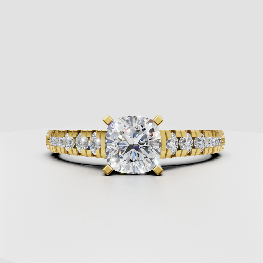Cushion cut diamond ring with graduated round side stones in yellow gold