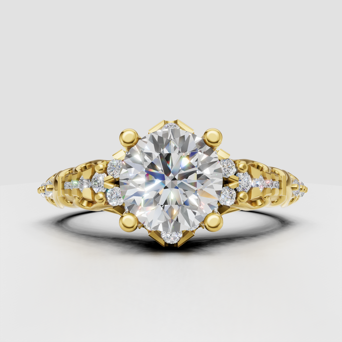 Round diamond vintage filigree engagement ring in polished yellow gold