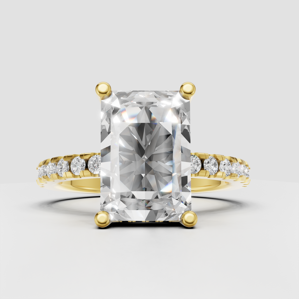 Radiant cut diamond hidden halo engagement ring with rose gold pavé band