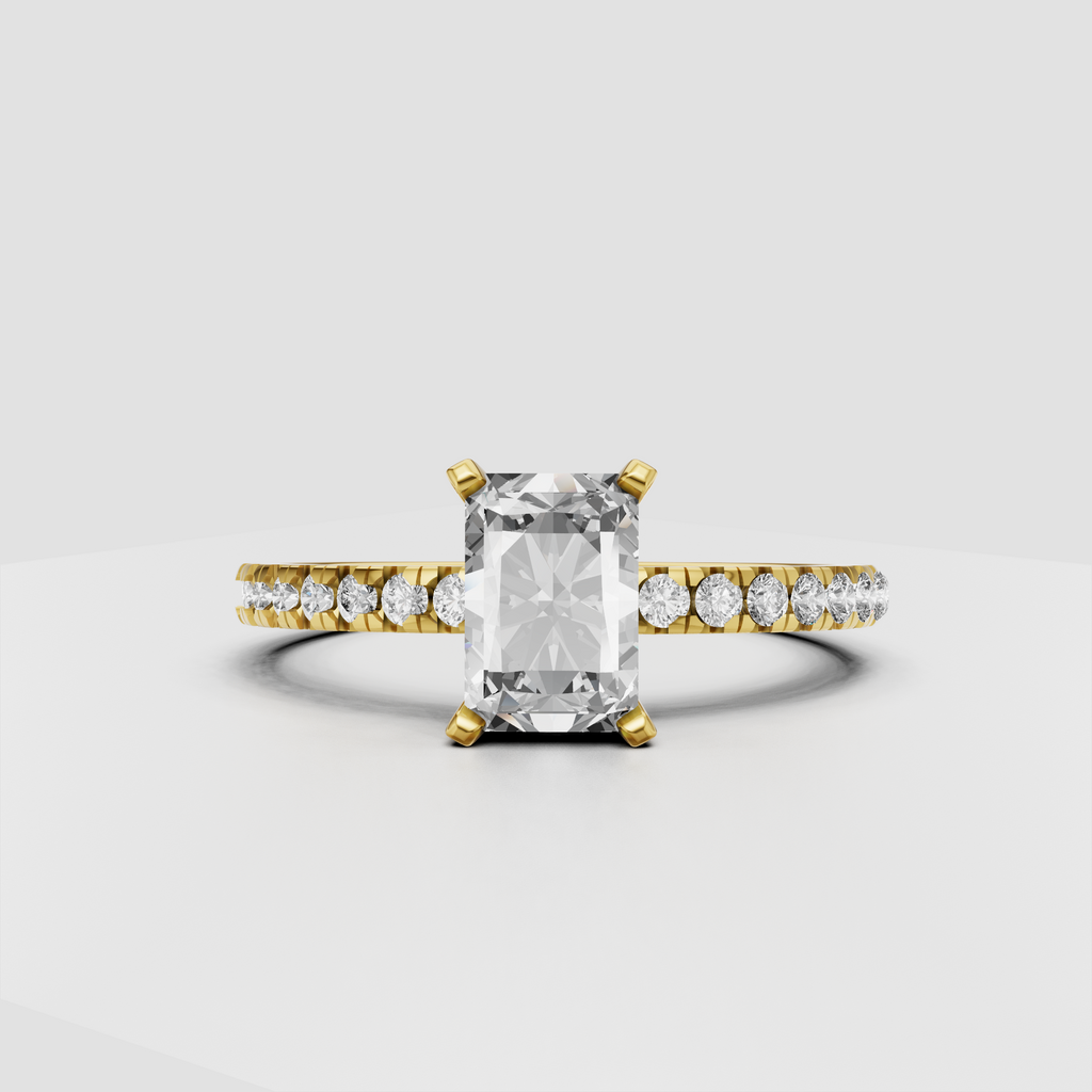 Radiant-cut Diamond solitaire engagement ring with pavé yellow gold band