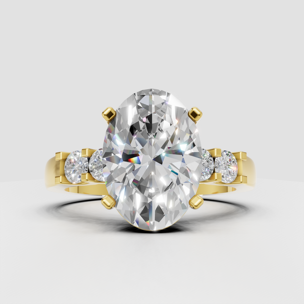 Oval diamond cathedral five stone engagement ring with graduated round side stones