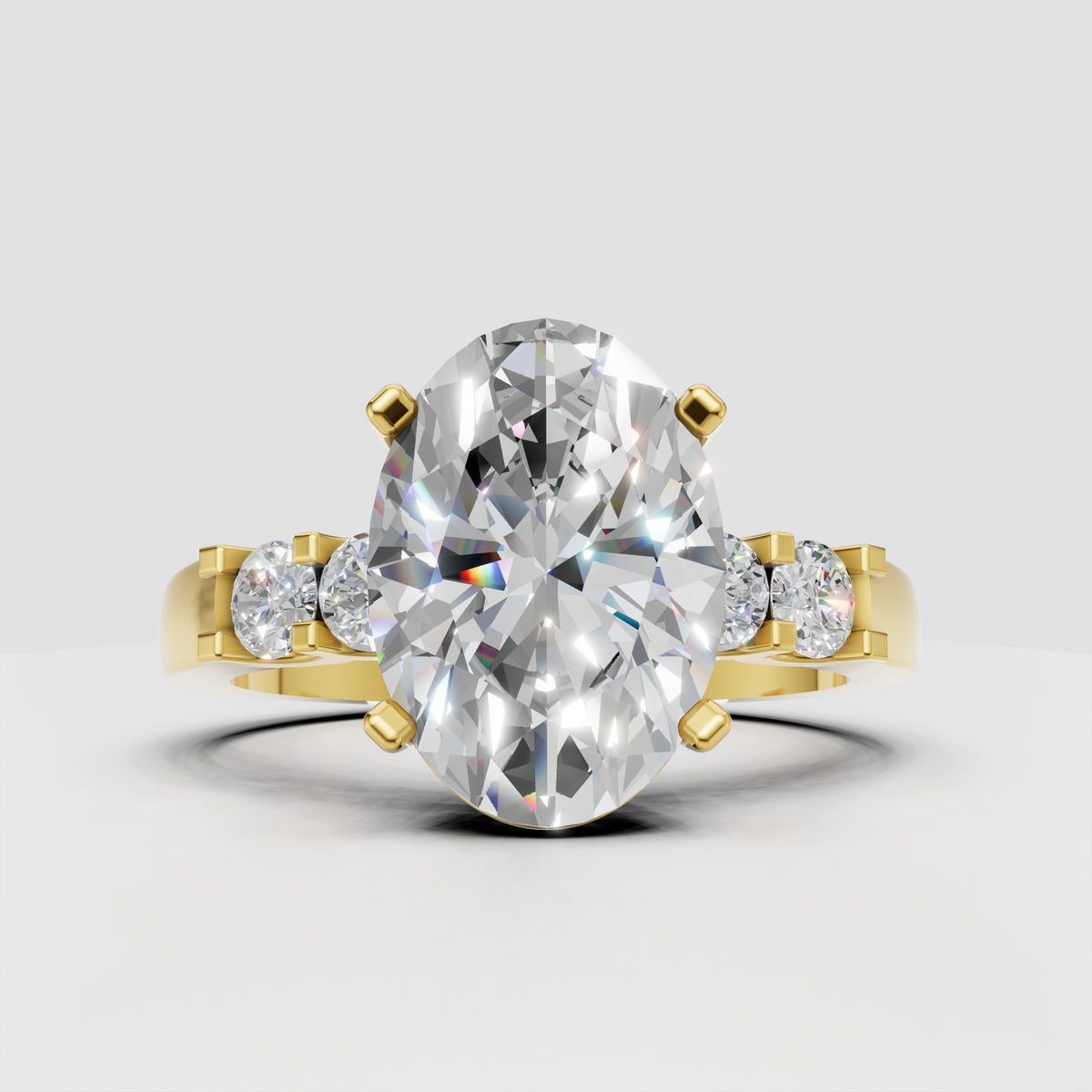 Oval diamond cathedral five stone engagement ring with graduated round side stones