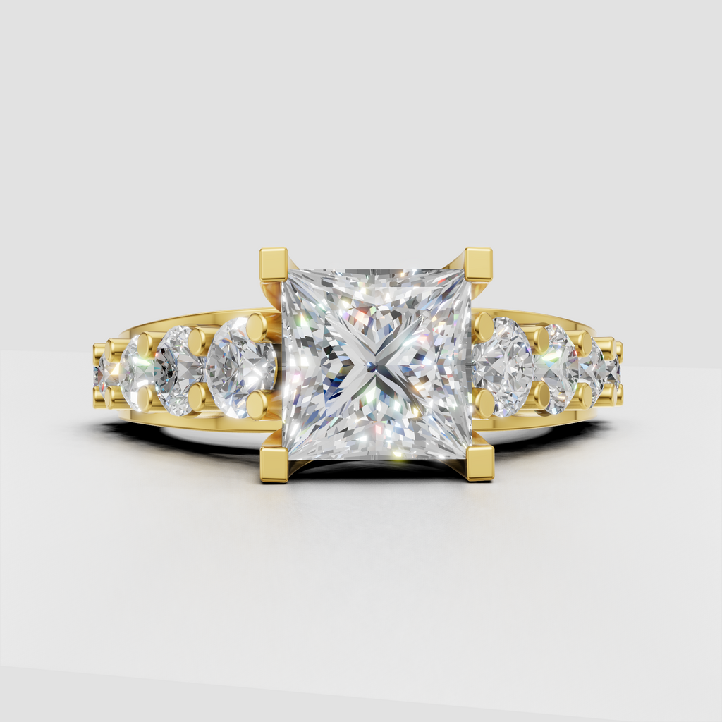 Princess diamond engagement ring with split shank and graduated round diamond accents