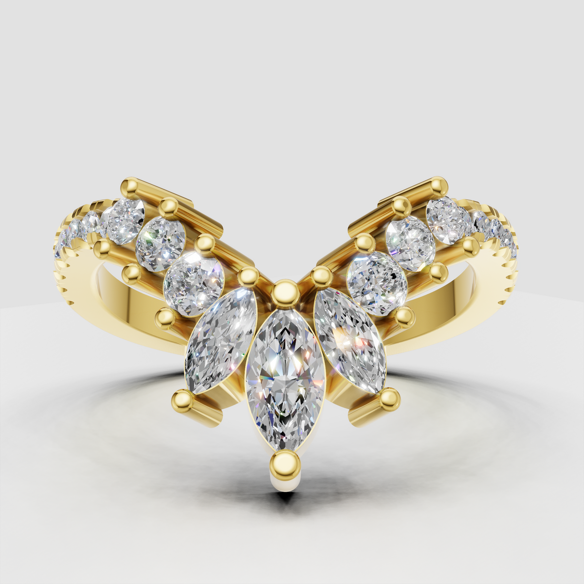 Marquise and round diamond curved wedding band in yellow gold