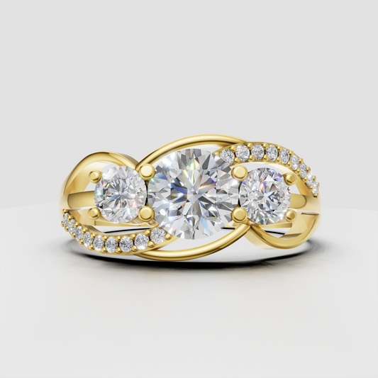 Round diamond three stone ring in polished yellow gold