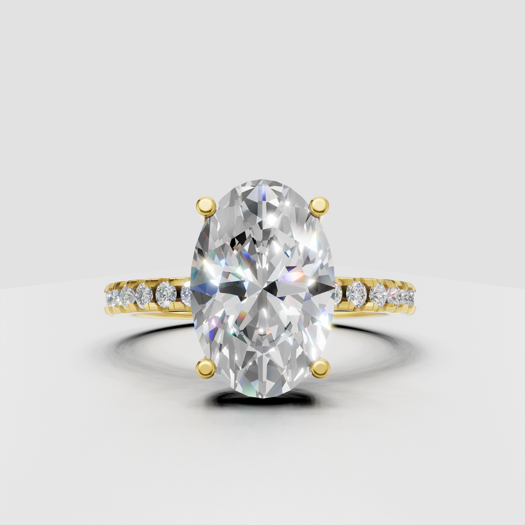 Oval diamond hidden halo solitaire engagement ring in polished yellow gold
