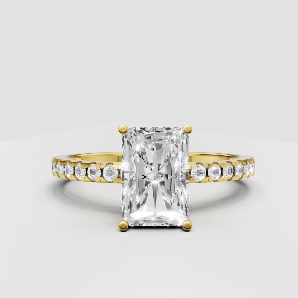 Radiant cut diamond hidden halo engagement ring with pavé band