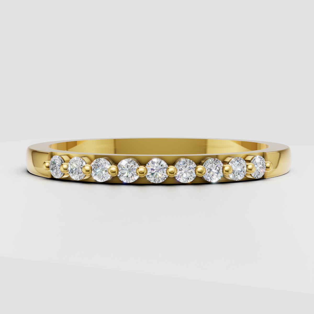 Round diamond milgrain half eternity band ring in yellow gold